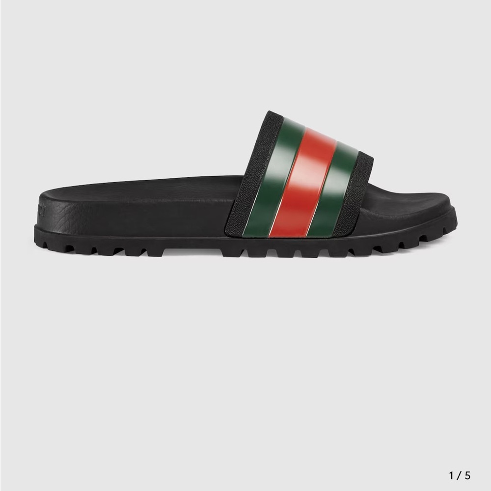 Gucci Black Slide Sandals with Red and Green Stripes
